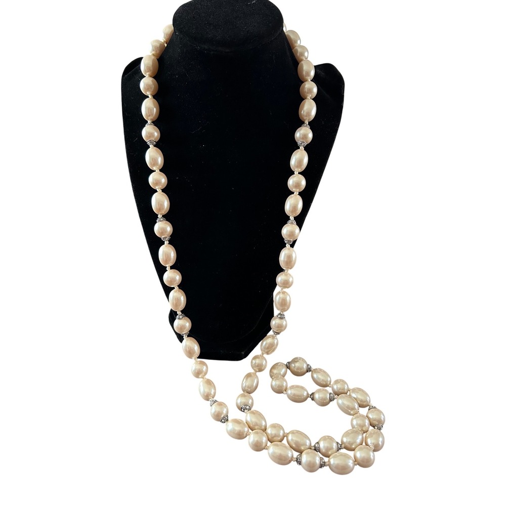 Vintage Cream Faux Pearl Long Opera Necklace Rhinestone Toggle Clasp Silver Tone